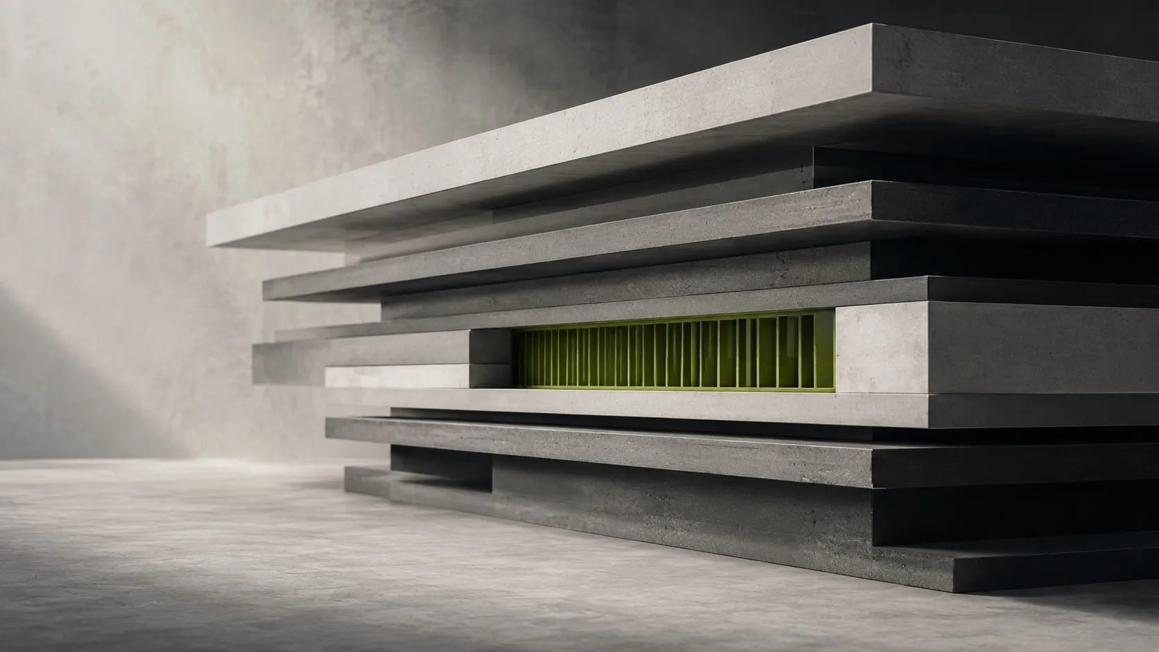 Empilement de dalles de béton massives, vues de côté en légère perspective. Entre deux couches internes, une grille verticale en vert olive encastrée dans la structure : un contrôle intégré à l'architecture, pas posé au-dessus.