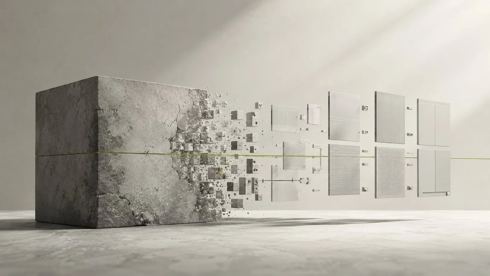 Illustration éditoriale : un bloc de béton fissuré se désagrège vers la droite en panneaux clairs et ordonnés, traversés par un fin fil vert, la modernisation d'un système ancien en une plateforme durable et modulaire.