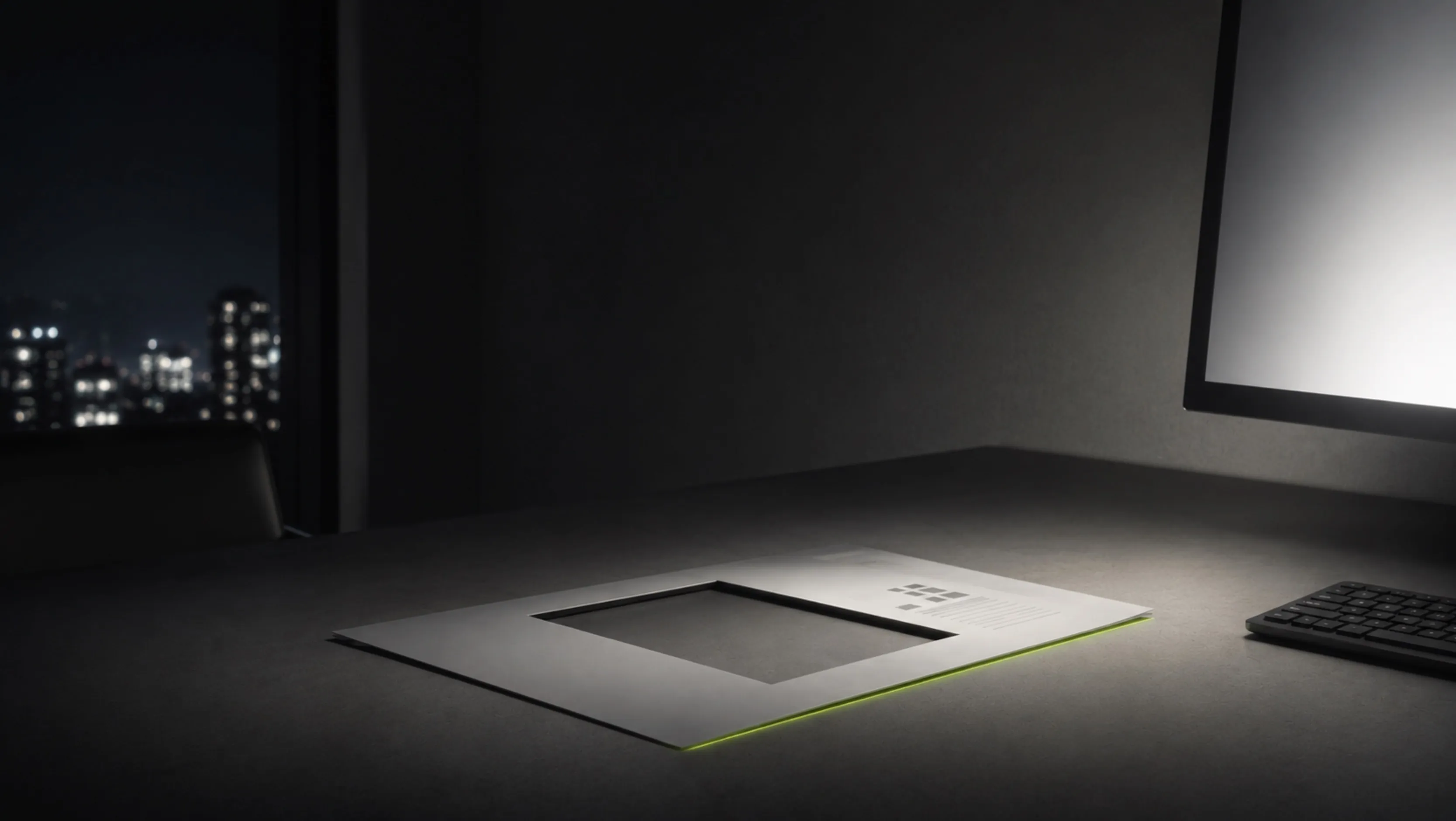 Dans un bureau plongé dans la pénombre nocturne, un rapport à l'apparence soignée est évidé en son centre d'un rectangle vide, sa tranche éclairée d'un liseré vert olive : un livrable qui semble abouti mais reste creux.