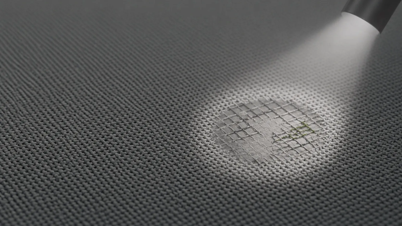 Surface régulière et lisse évoquant du code généré, d'apparence parfaite, dont un cercle de lumière révèle quelques défauts cachés sous la surface, l'un marqué d'un accent vert.