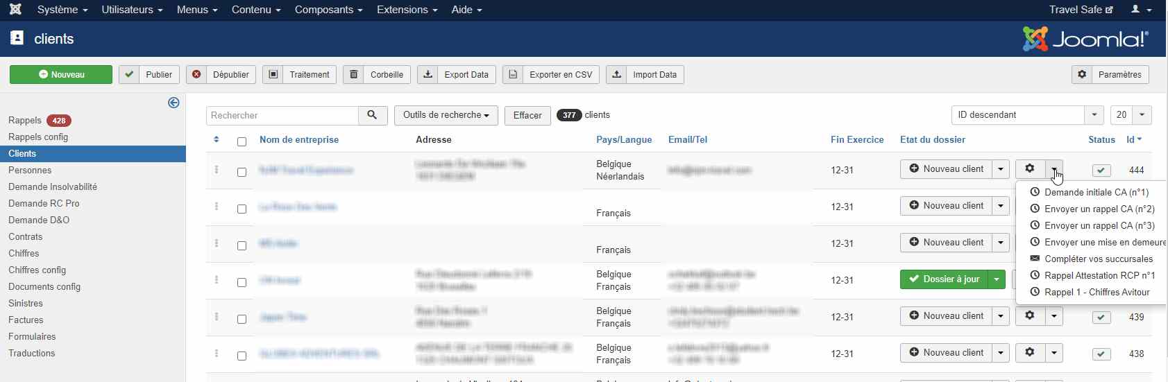 agerix developpement joomla tableau bord administration client travel safe