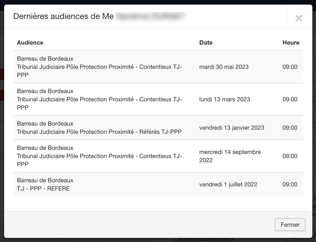 L'application montre le nombre de désignations de l'avocat en précisant le lieu et la date de ses présences