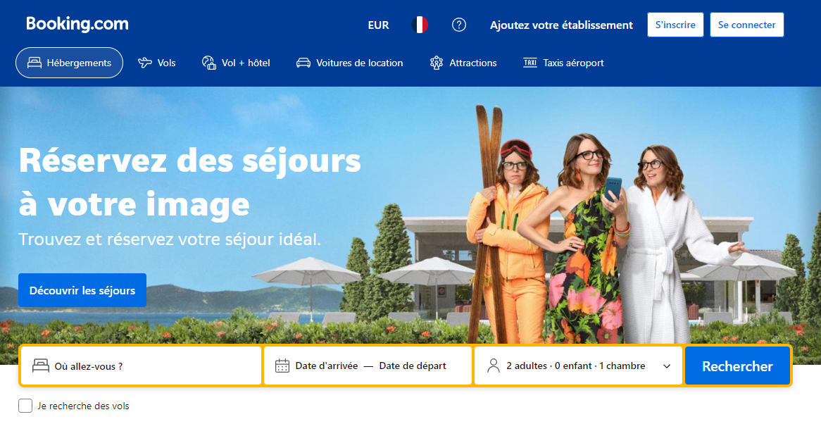 Même après son redisgn et un changement de wording, le site de réservation de Booking.com a conservé les constances d'un site de réservation : un moteur de recherche situé au milieu de la page et des boutons de connexion dans le header.